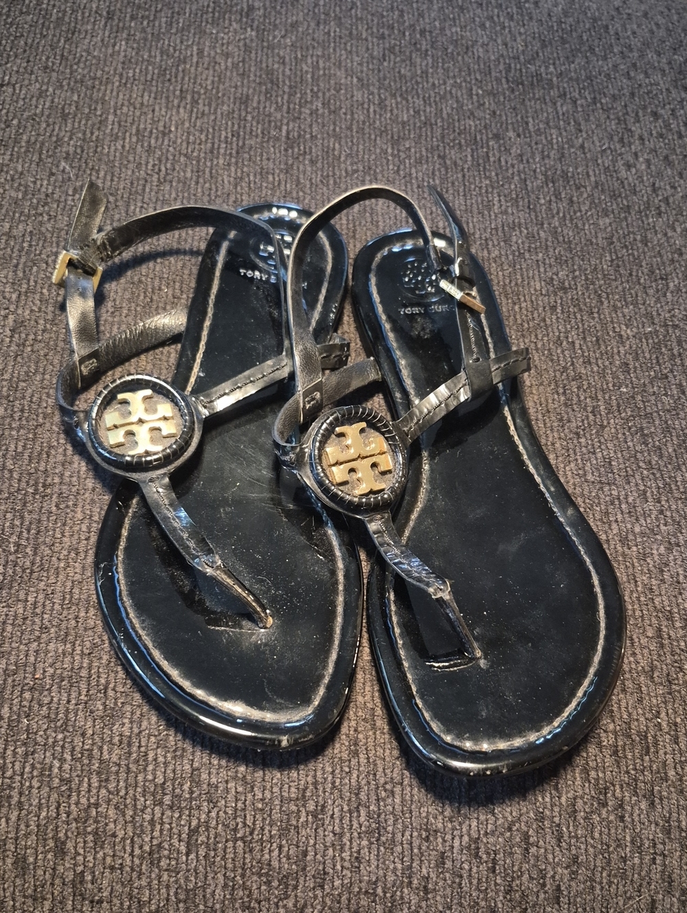 Tory Burch Black Sandal with Gold Logo Medallion